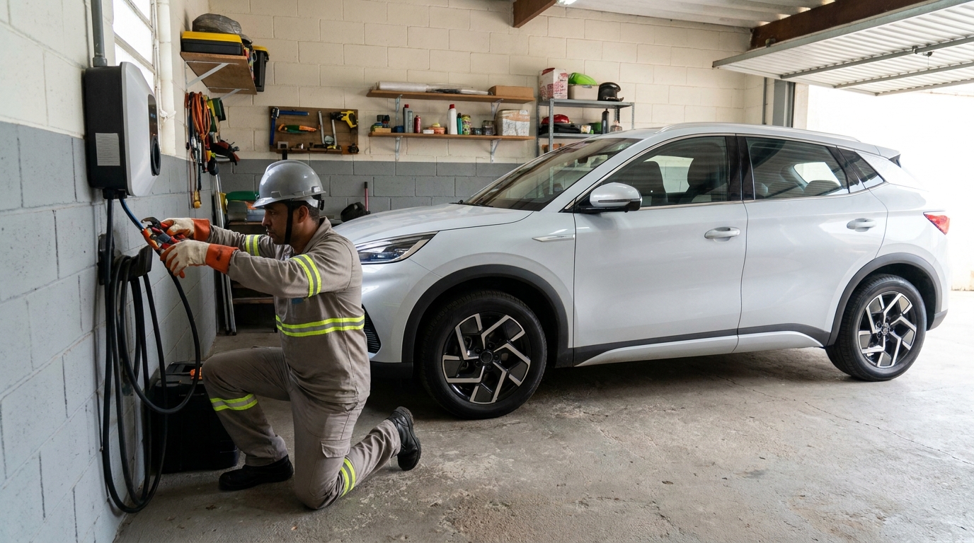 Eletricista instalando carregador de carro eletrico em Jaboatão dos Guararapes‑PE